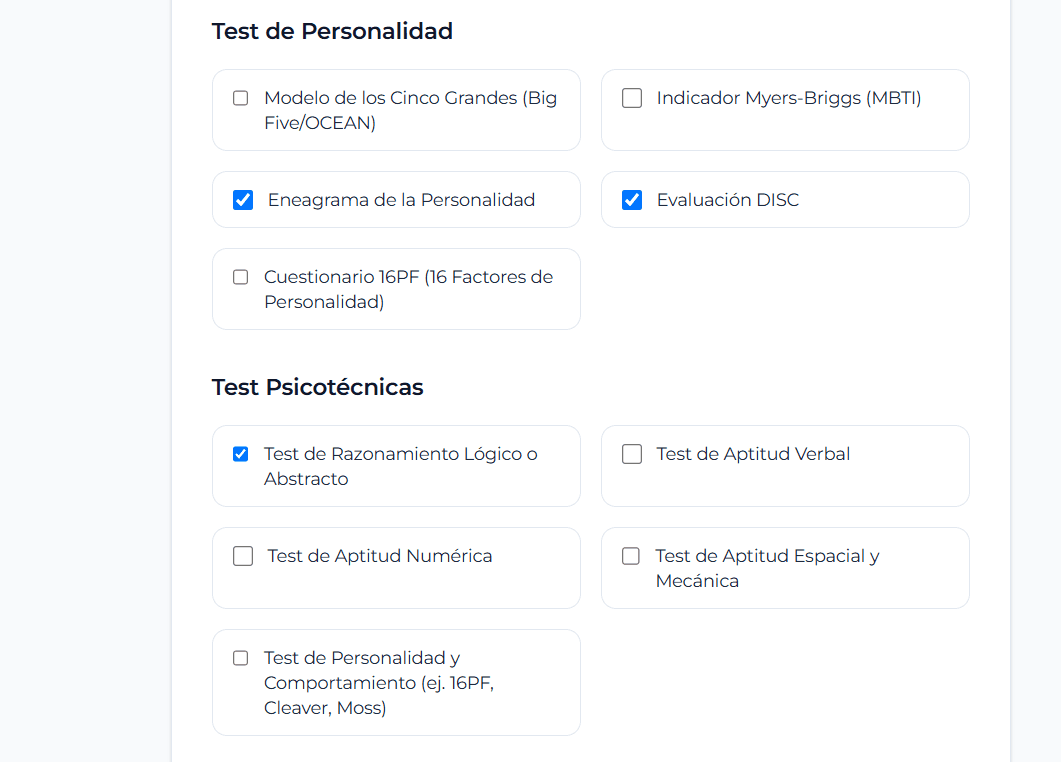 Paso 2: Elige los tests que se adecúen.